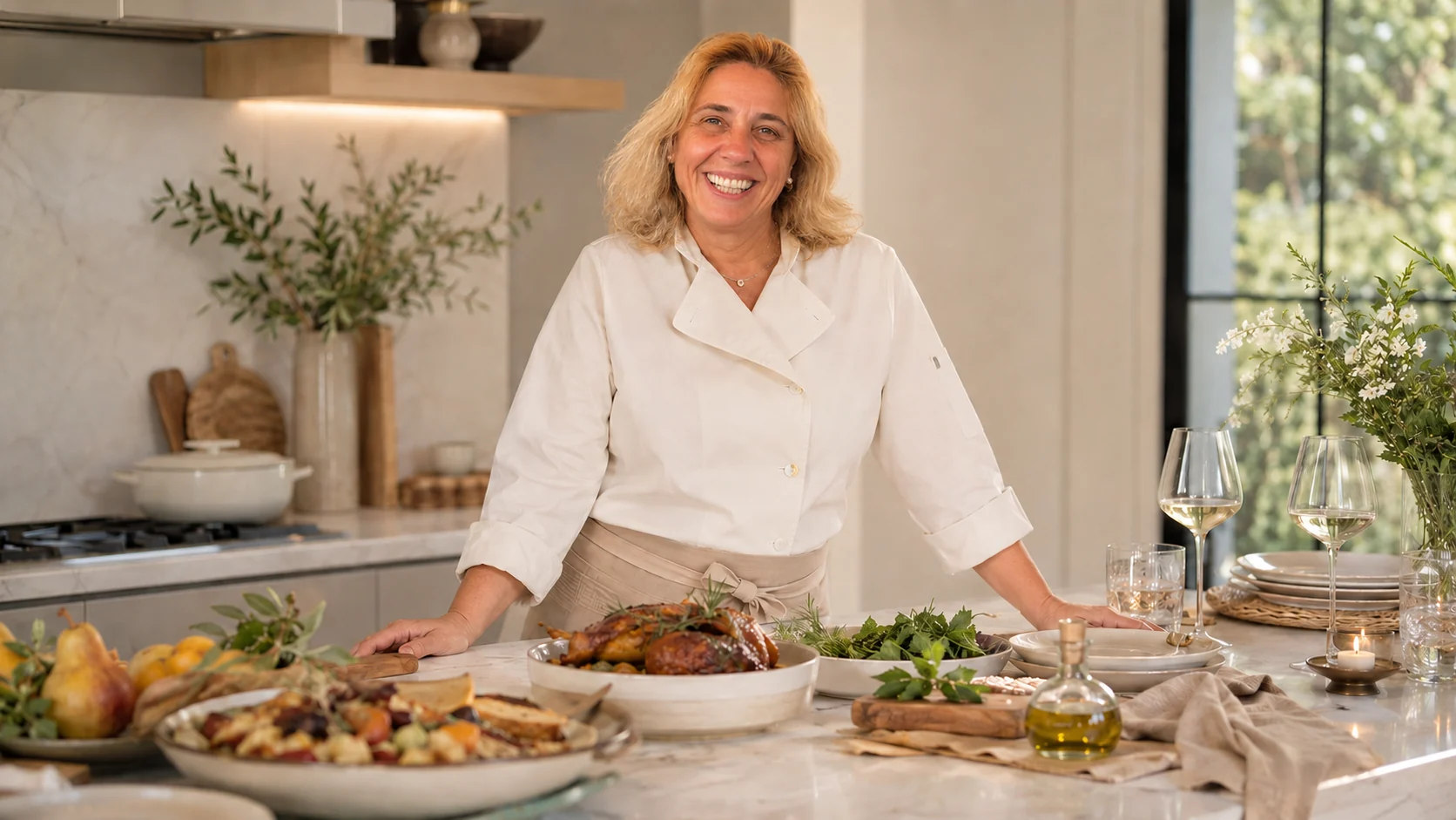 Agda Camanzano em uma cozinha clara, diante de uma mesa com pratos preparados