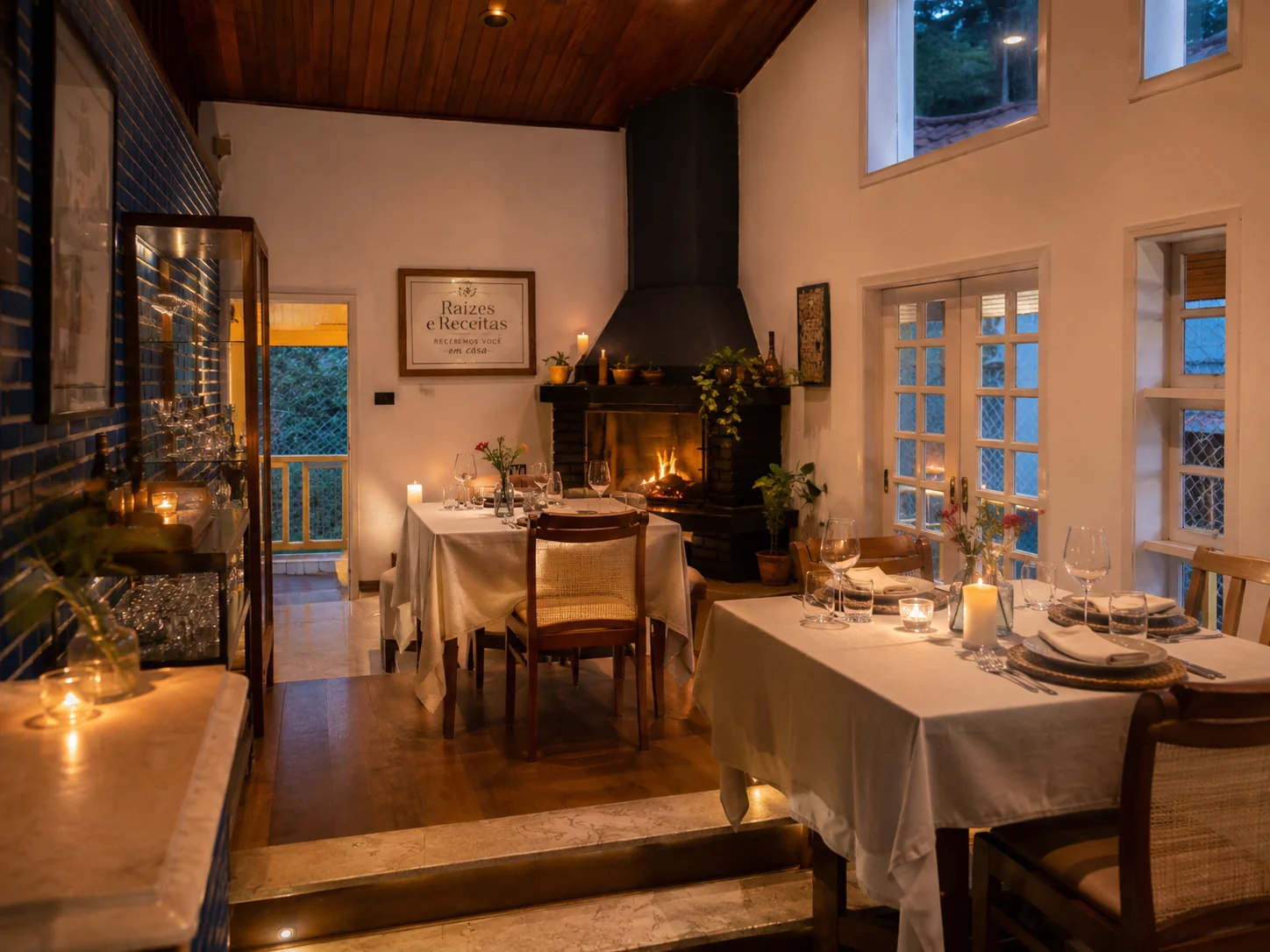 Visualização conceitual de uma mesa intimista junto à lareira na Casa da Serra
