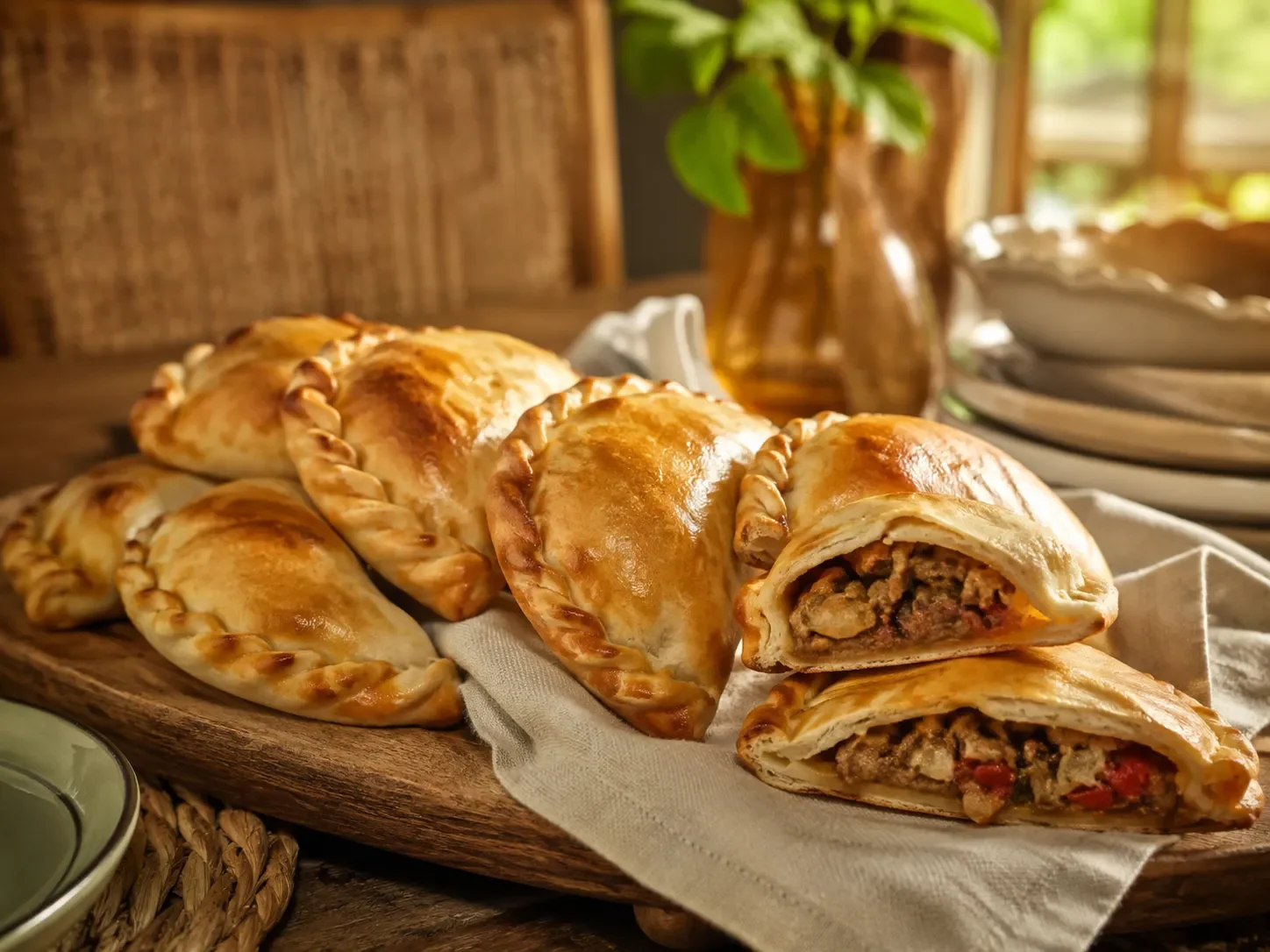 Empanadas artesanais do Raízes & Receitas servidas sobre uma tábua de madeira